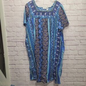 Loungees Caftan Dress 3X Blue Paisley Floral Pocket Cotton Boho Lounge Wear